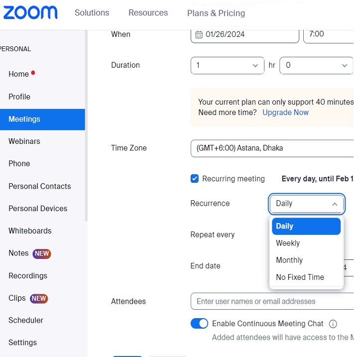 Scheduling a No Fixed Time Recurring Meeting in Zoom